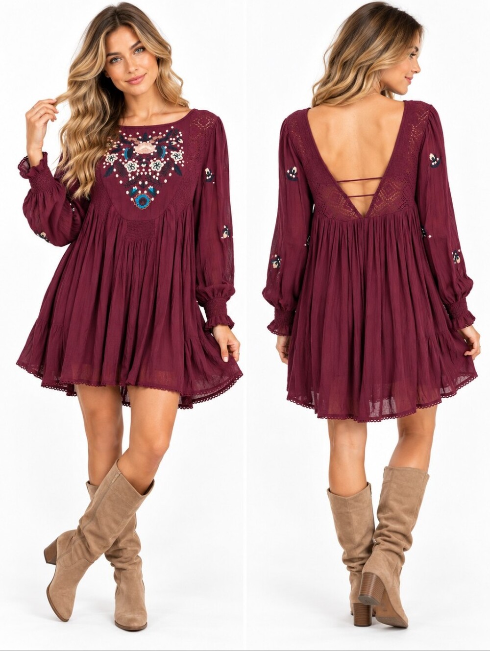 Free People Embroidered Boho Mini Dress S Burgundy Open Back Long Sleeve